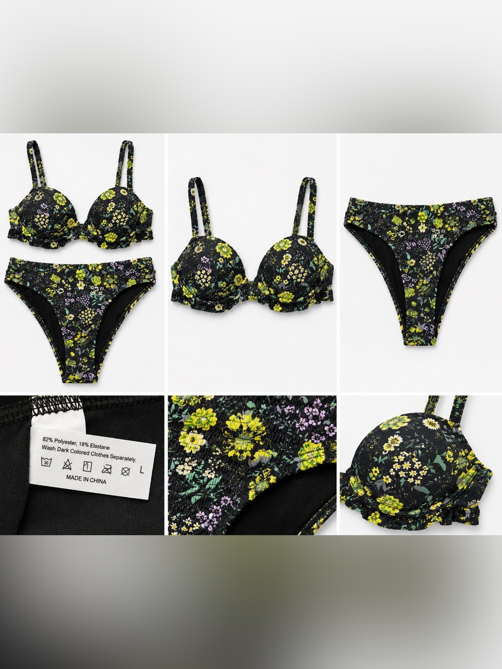 Black Floral Push-Up Bikini Set - Women Swim size L